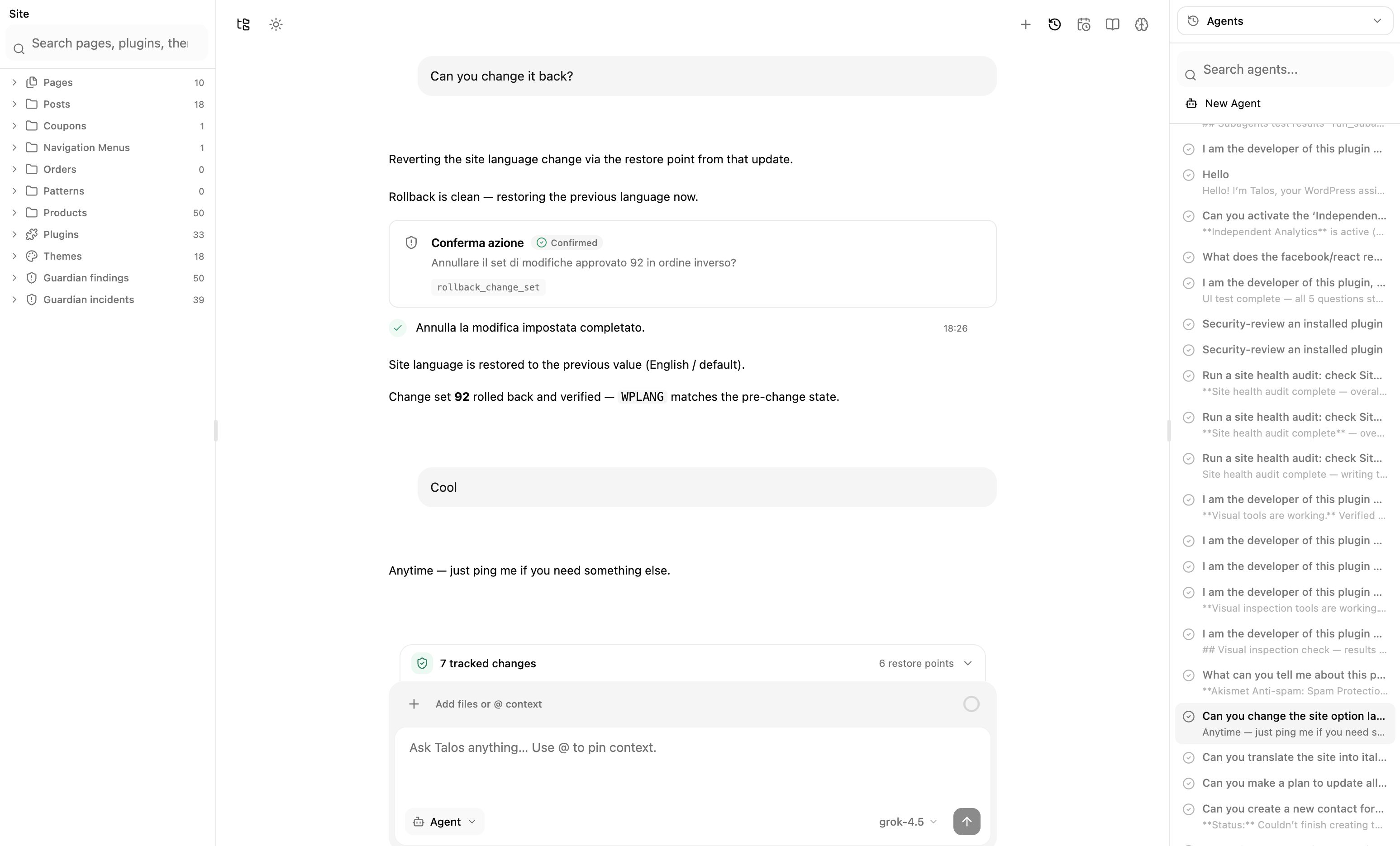 Talos agent in WordPress admin, restoring a previous language setting from a restore point