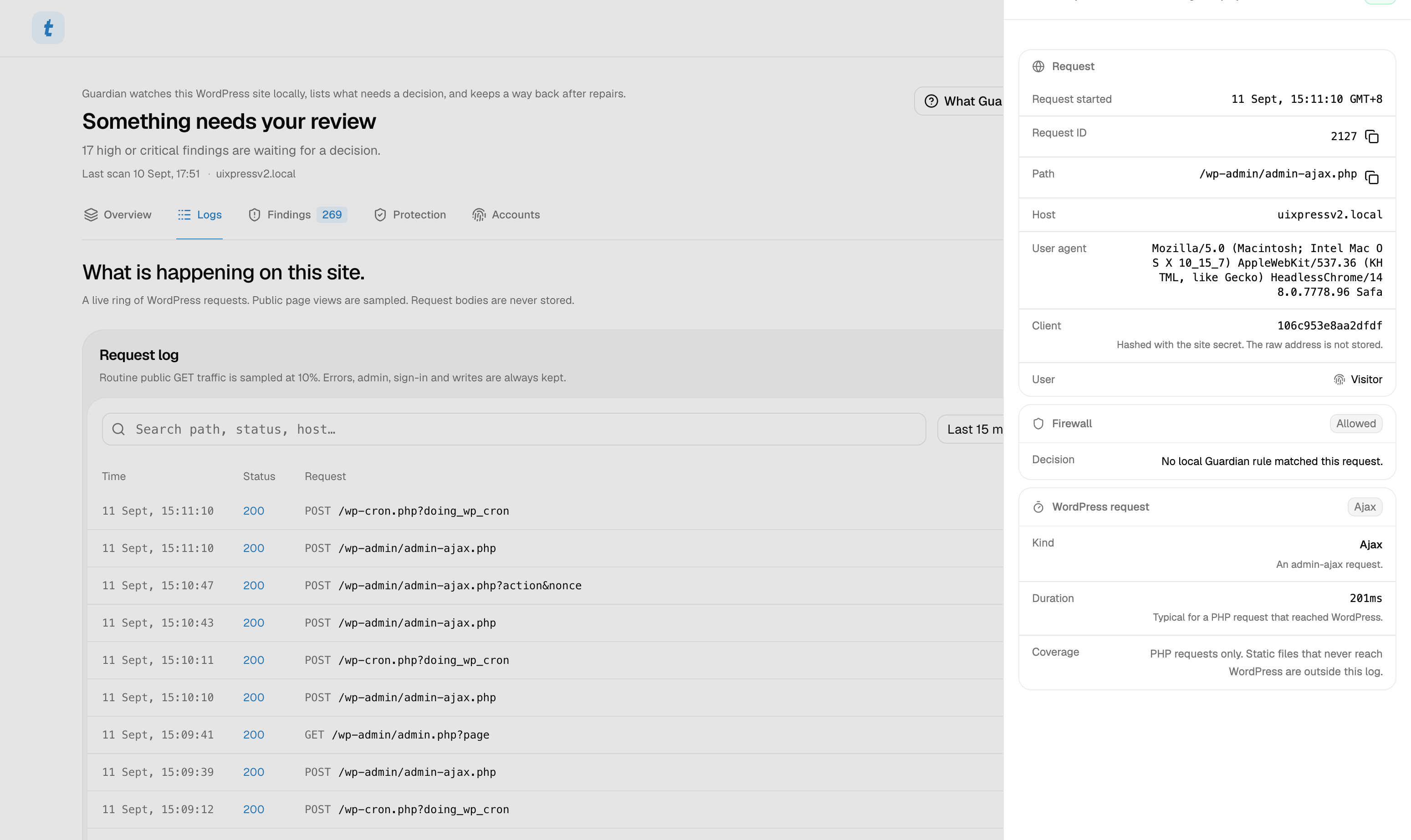 Talos Guardian live request log in WordPress admin, with a request detail sheet open